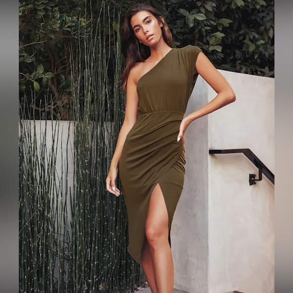 Lulus Dresses & Skirts - Lulus Raise a Glass Olive Green One-Shoulder Midi Dress